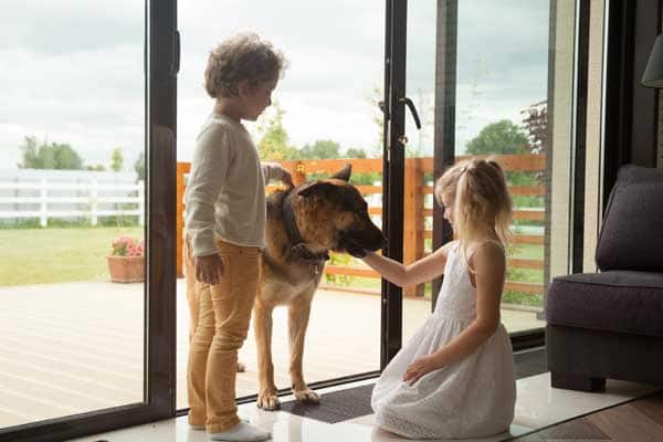 A young boy and girl petting a dog entering their house
