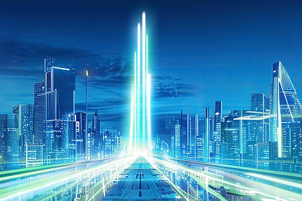 Cityscape with towering skyscrapers and streamlined transportation infrastructure