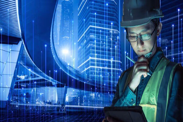 Man with openblue background