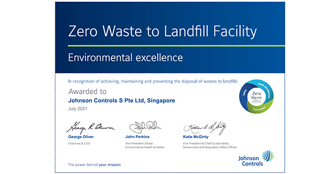 Certificate of Zero Waste to Landfill Facility awarded to Johnson Controls