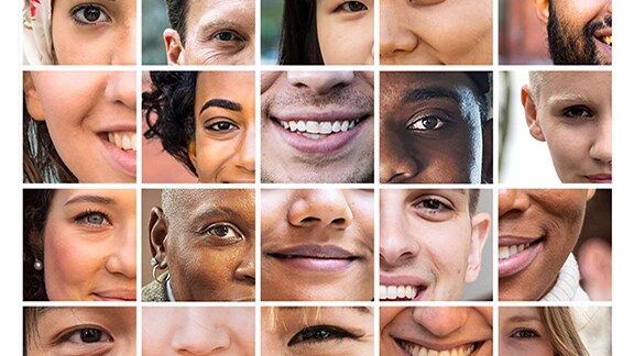 Collage of a close up view of different parts of a people's face
