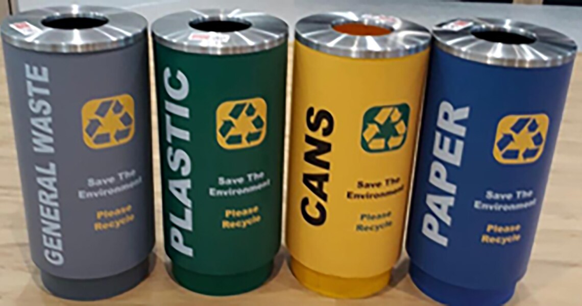 Different color coded waste collector bins displayed