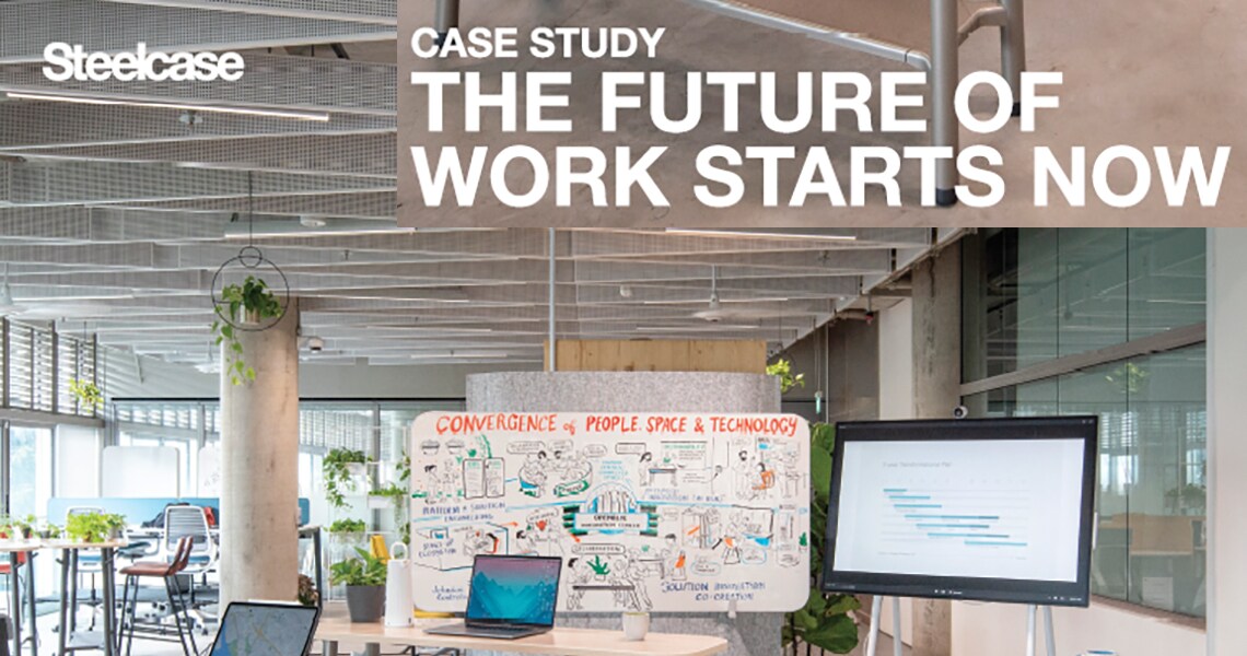 Cover Page of a  case study of Steelcase having the view of a furnished office space