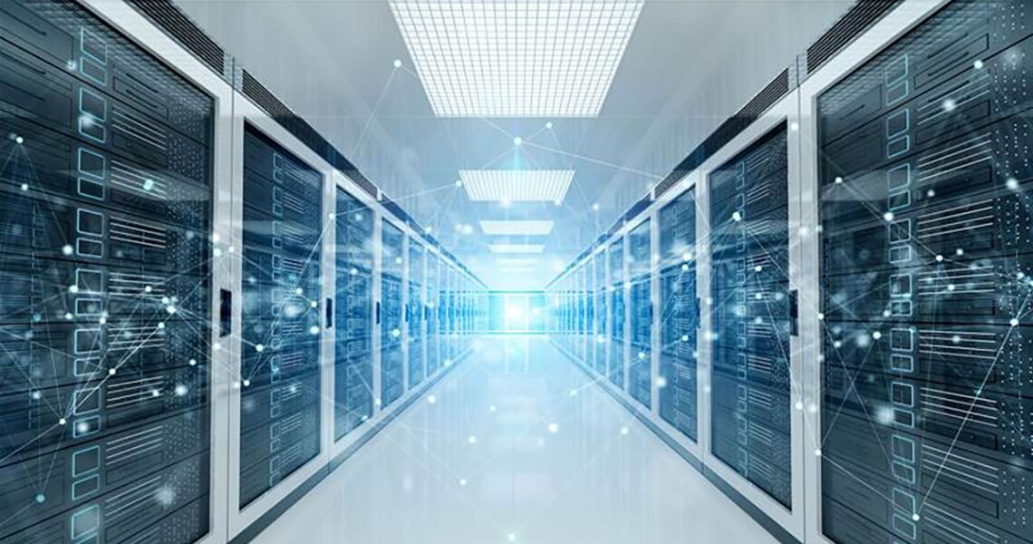Long shot view of a data server room overlaid with graphics of network transmission nodes