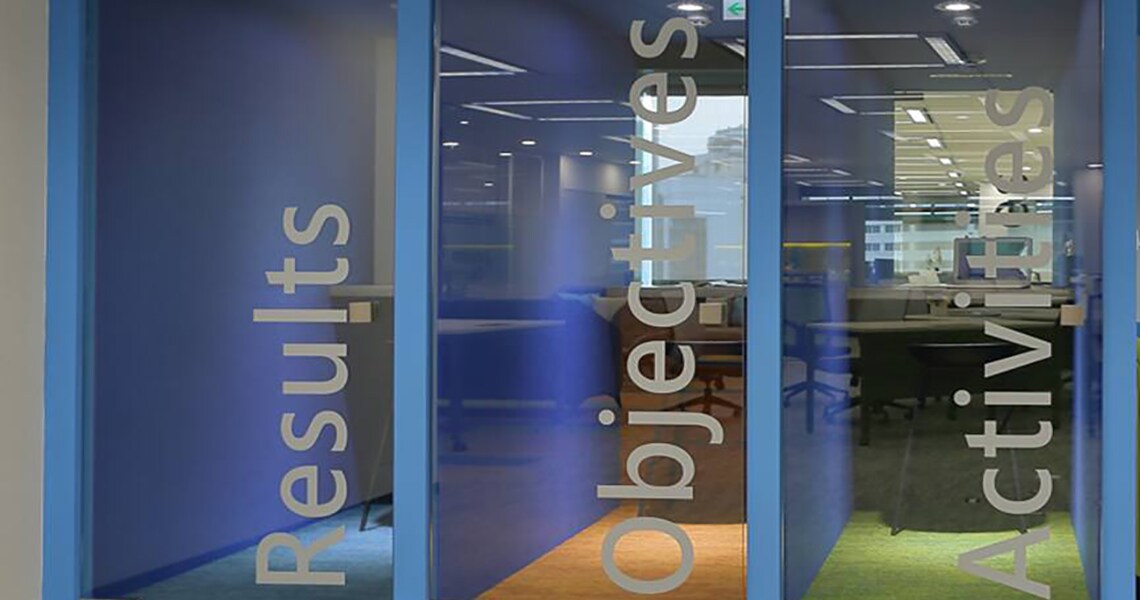 Results, Objectives and Activities written on three different glass door of a corporate office