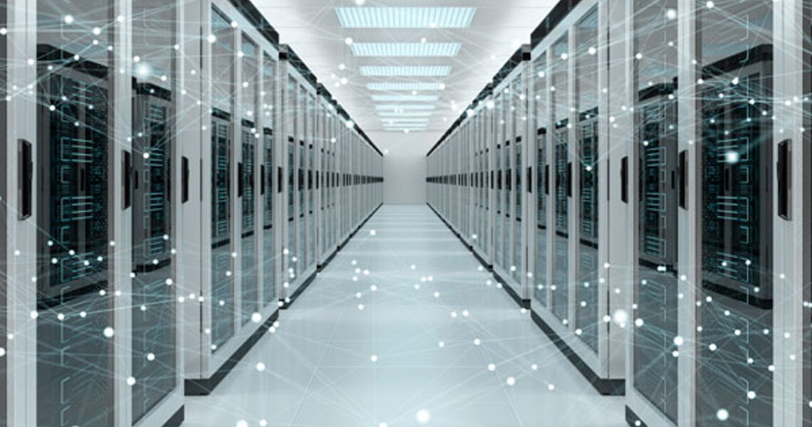 View of data center overlaid with graphics