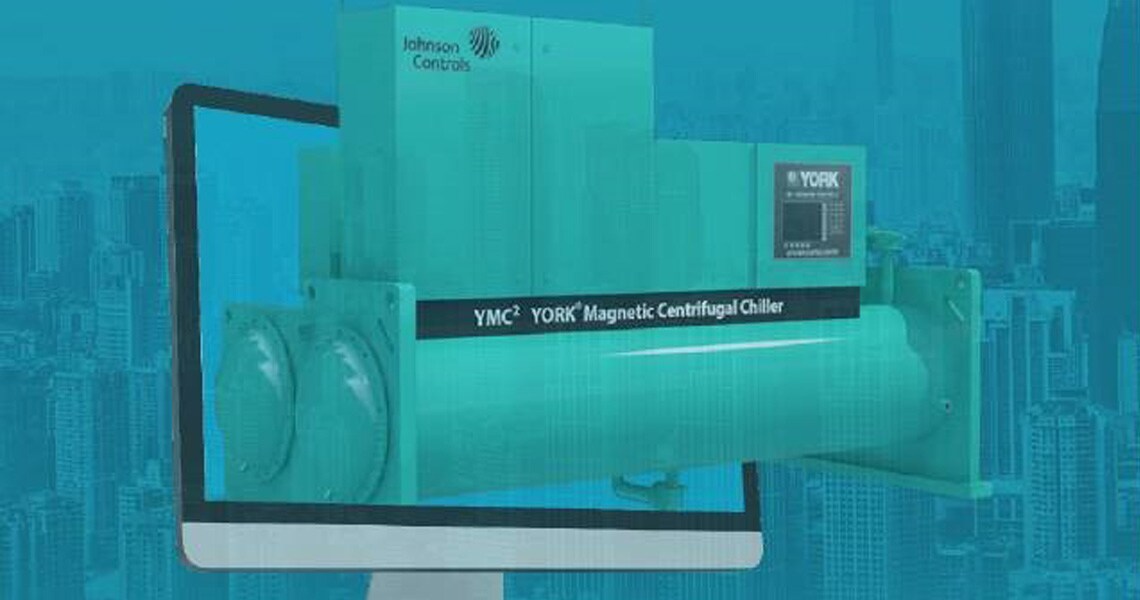 York Magnetic Centrifugal chiller product  display projecting from the monitor with the blur blue view of city skyscrapers in the background