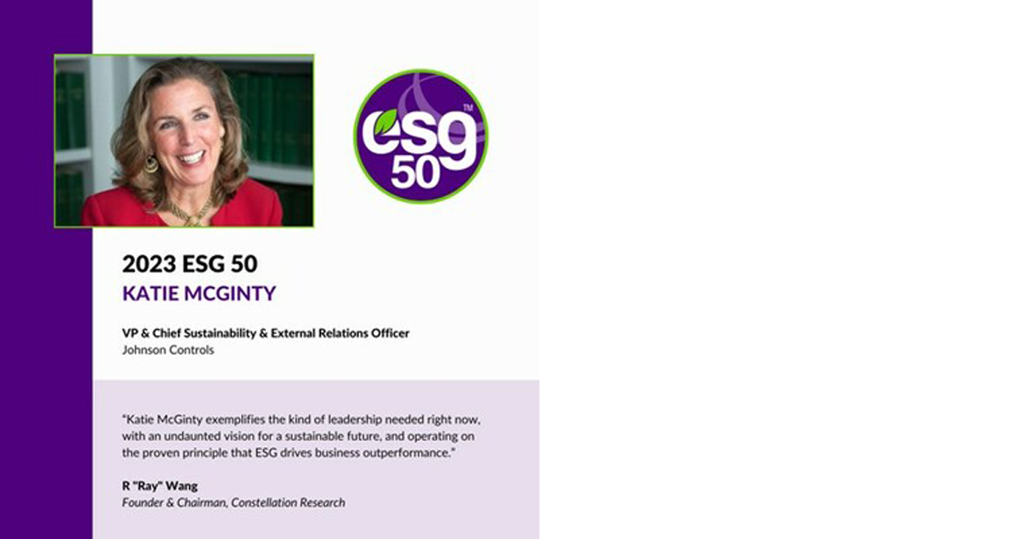 Creative mentioning Katie McGinty, Johnson Controls who was named to the Constellation Research 2023 ESG50 global list 