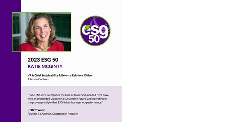 Creative mentioning Katie McGinty, Johnson Controls who was named to the Constellation Research 2023 ESG50 global list