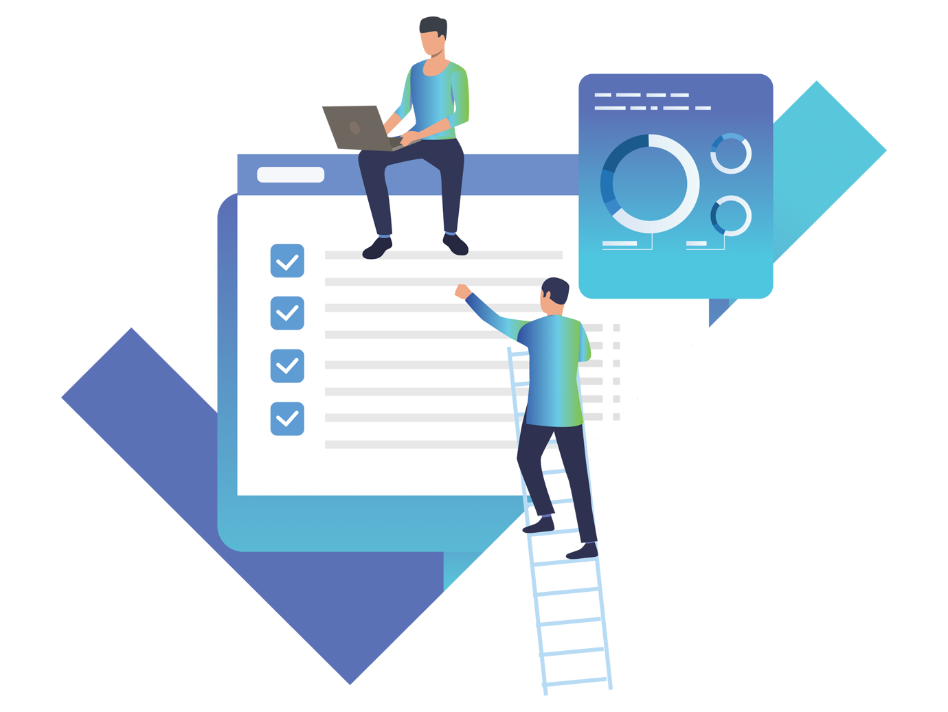 Graphical elements related to cloud computing with document, laptop, two people and ladder