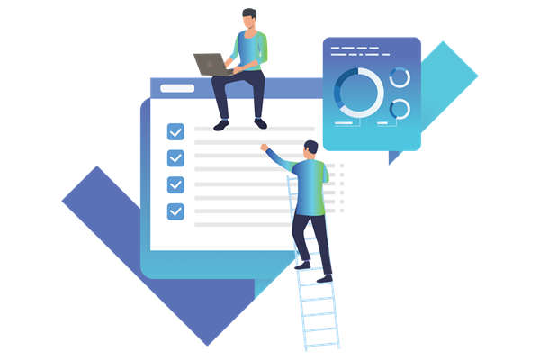 Graphical elements related to cloud computing with document, laptop, two people and ladder