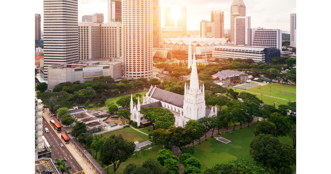 An aerial daylight view of St Andrew's Cathedral in Singapore