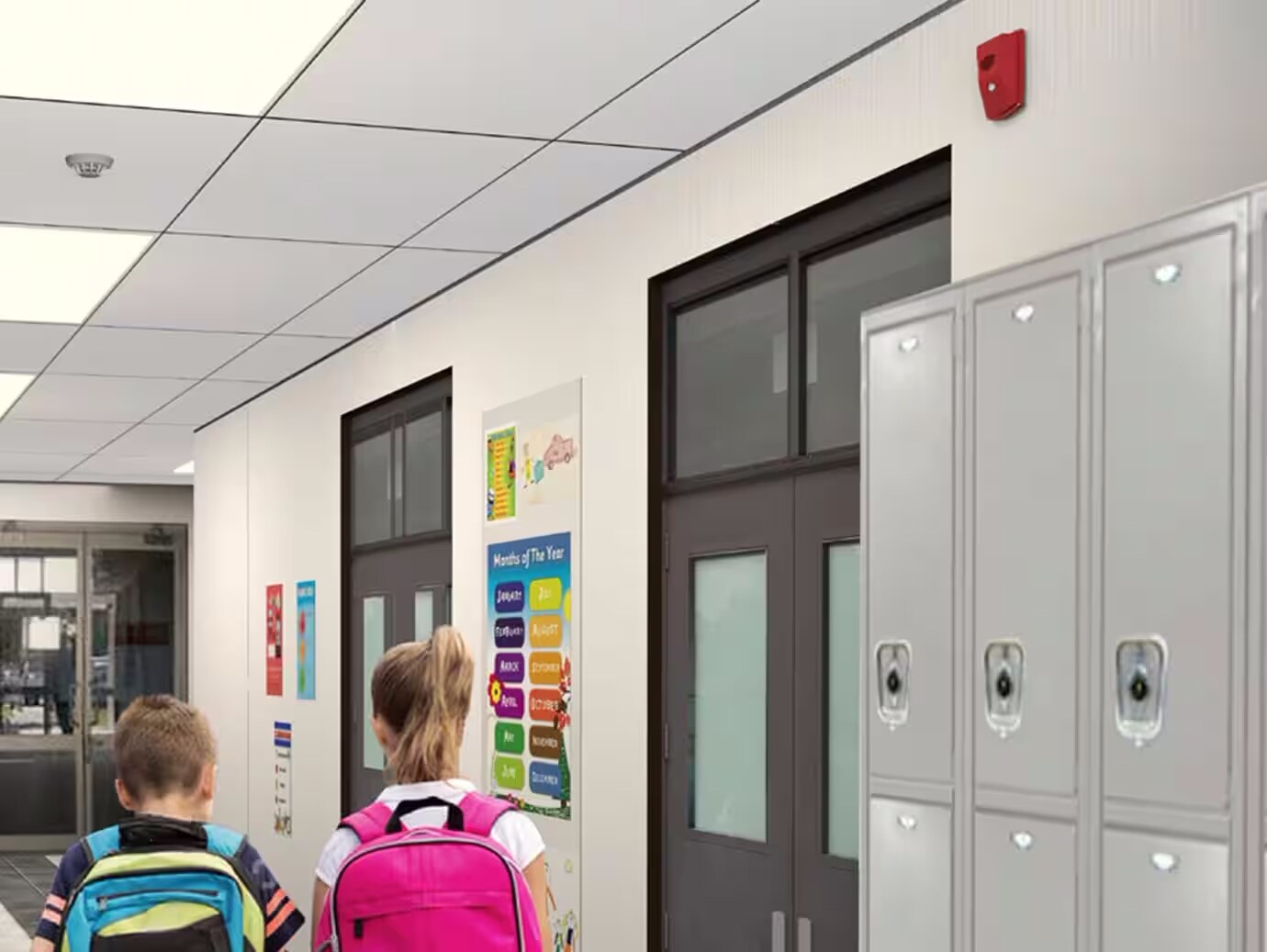 Two students with the school bag walking in the hallway