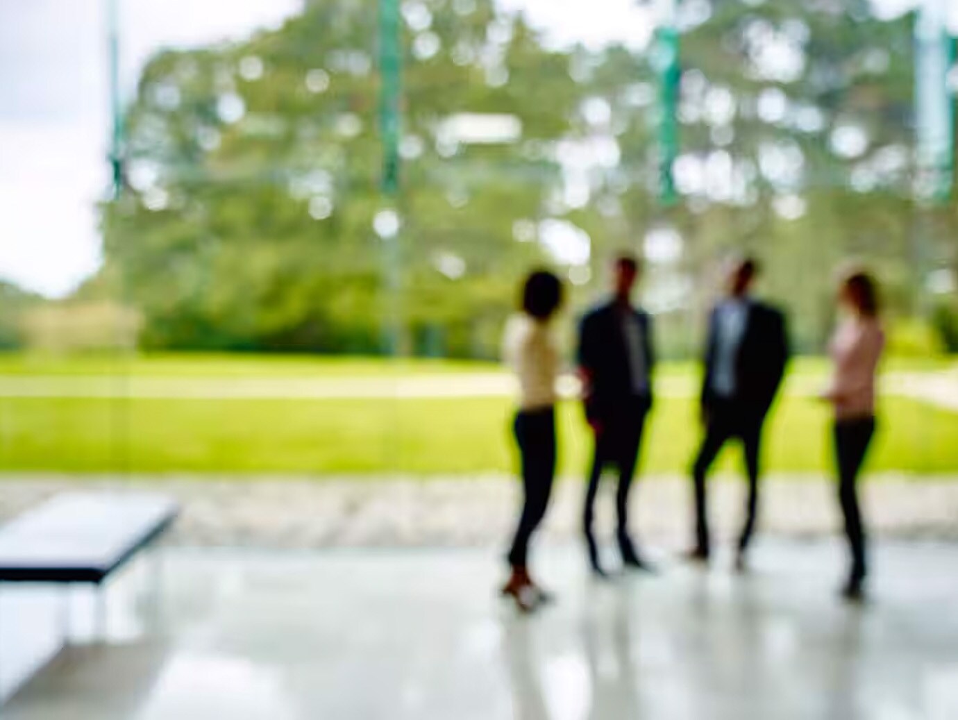 Blur picture of four employees standing next to glass window and discussing