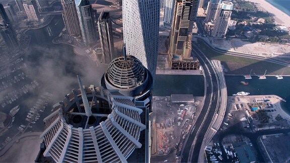 Aerial view of a Burj Khalifa and neighbor buildings