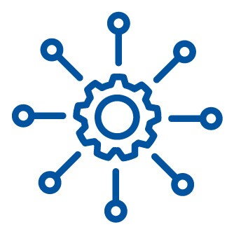 Blue gear icon surrounded by smaller circles with lines