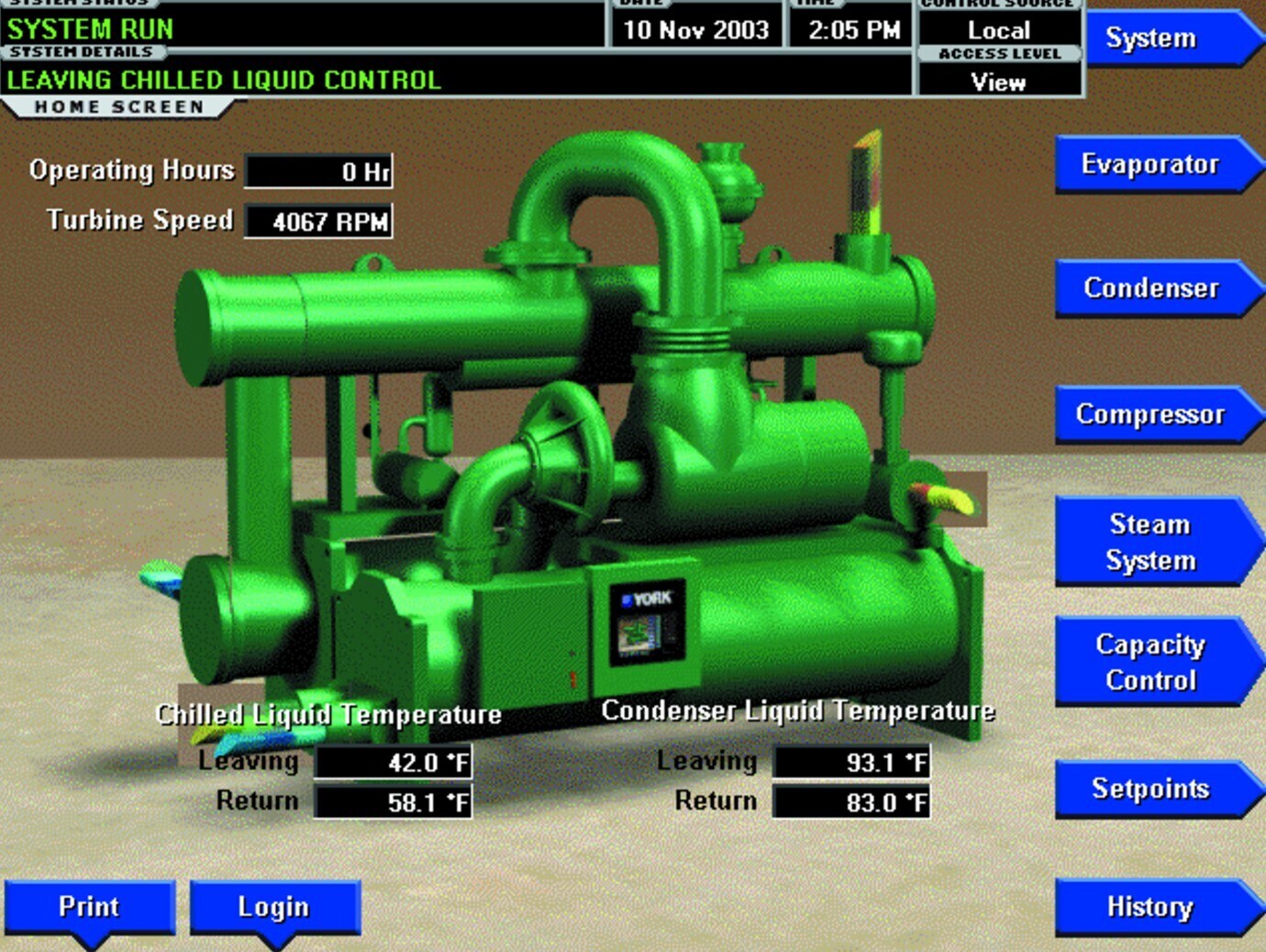 Control screen for a YORK YST Steam Turbine Centrifugal Chiller with operational parameters
