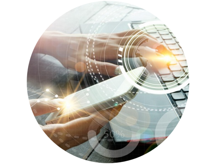 Close-up of a person engaging with both a laptop keyboard and a smartphone overlaid by graphics of white circles