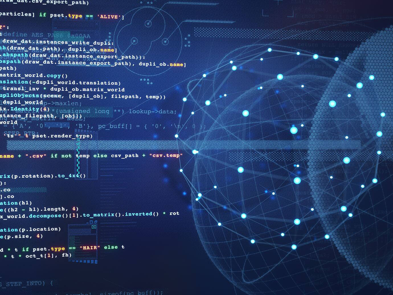 Display of source code overlaid on a background featuring a digital globe with interconnected nodes