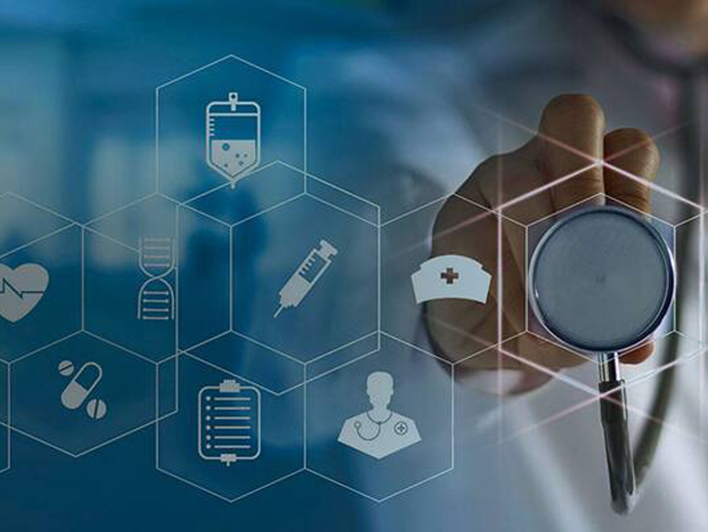 Close-up of a doctor keeping a stethoscope on glass overlaid with technology icon