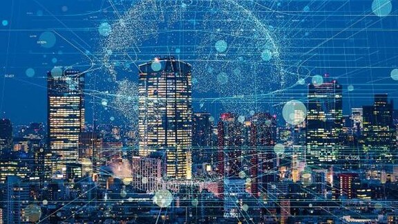 A futuristic urban environment integrated with digital technologies and data networks