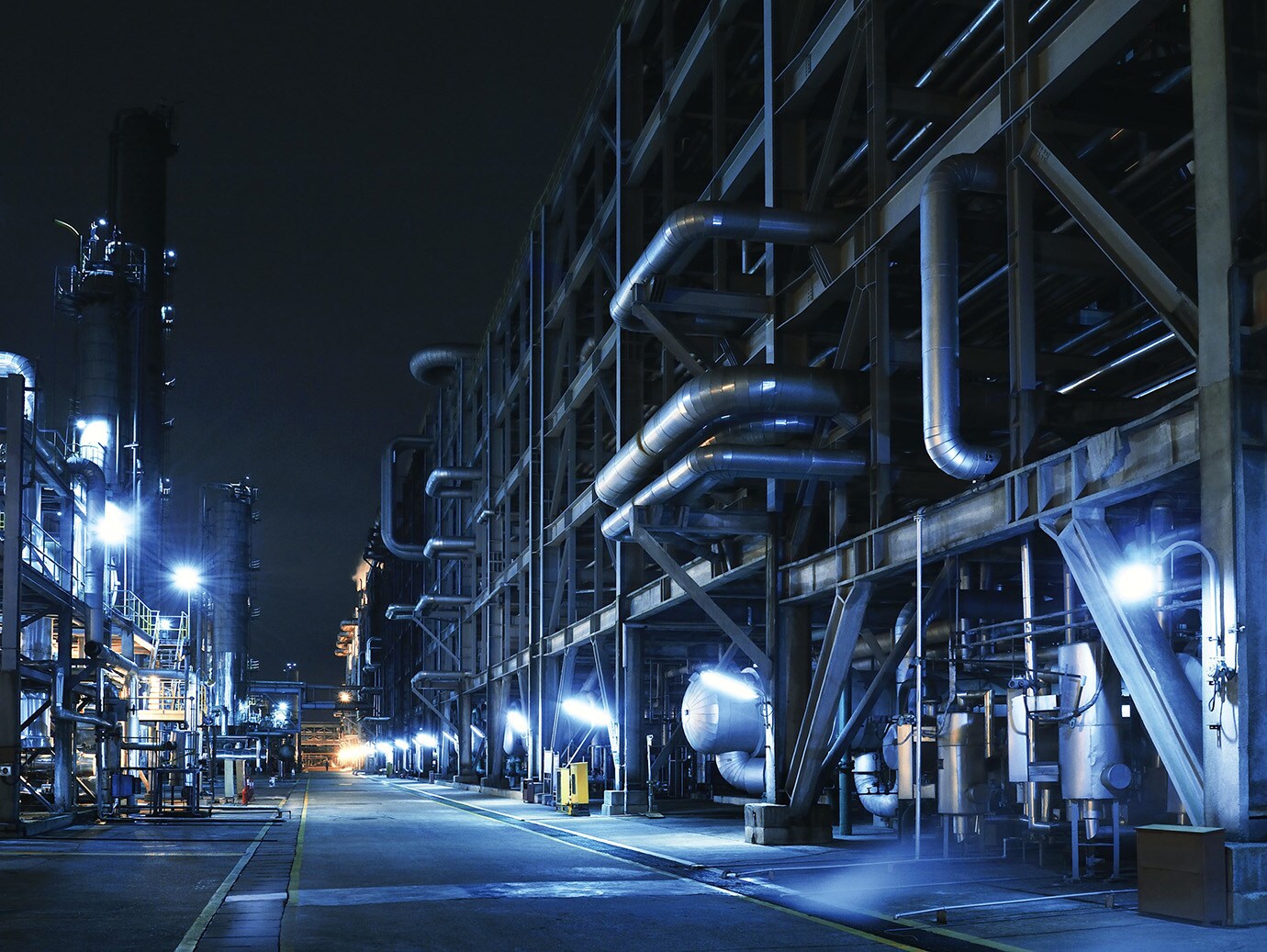 View of an oil refinery at night