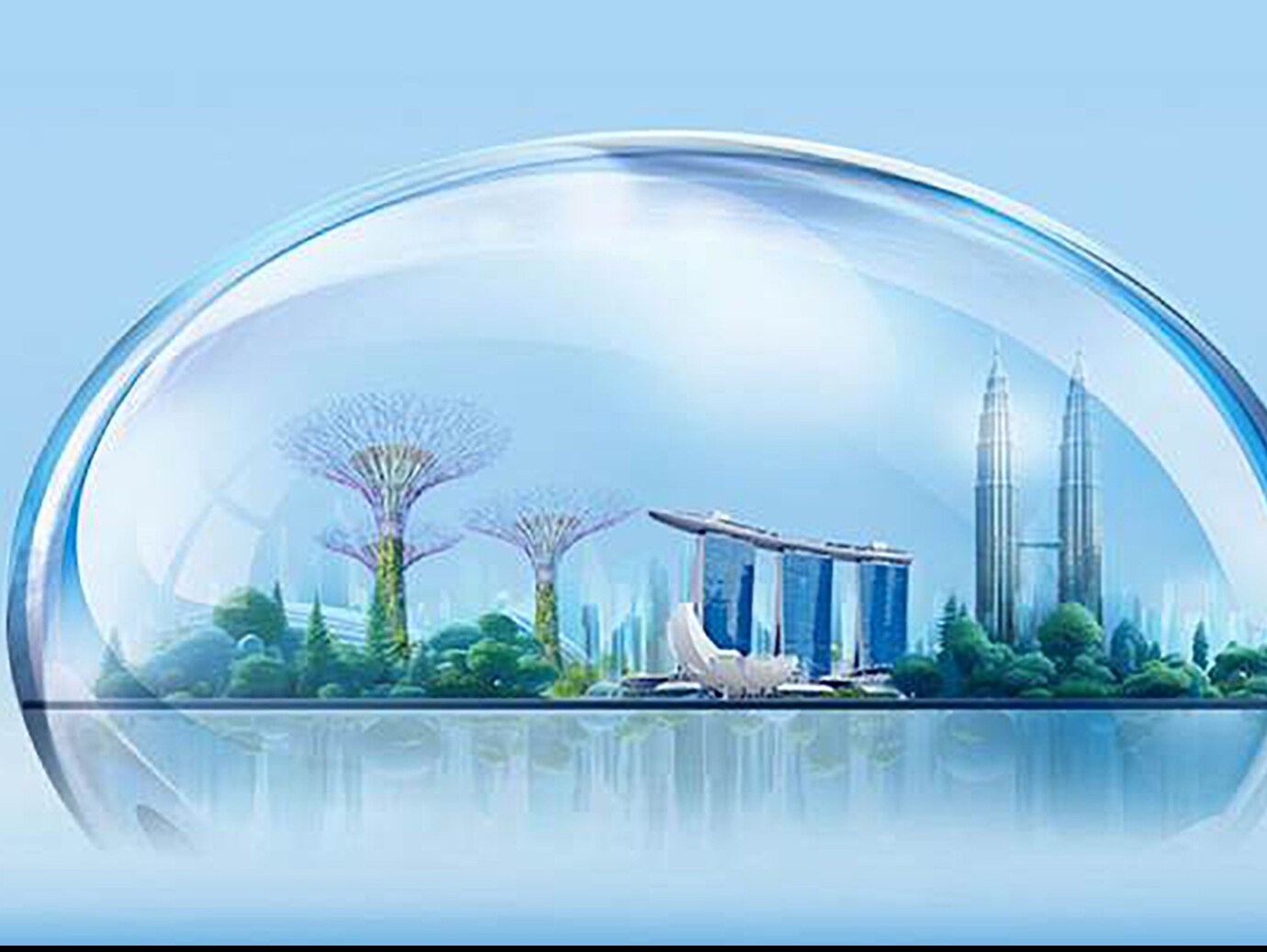 Prominent landmarks primarily located in Singapore enclosed within a transparent sphere