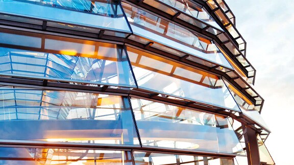 Exterior close -up view of a  modern glass skyscraper