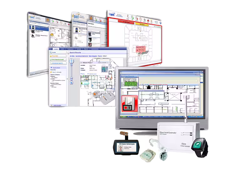 Features of integrated security and building management solutions displayed on multiple monitors