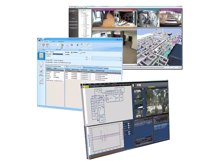 User interfaces of video surveillance and security features on multiple monitors