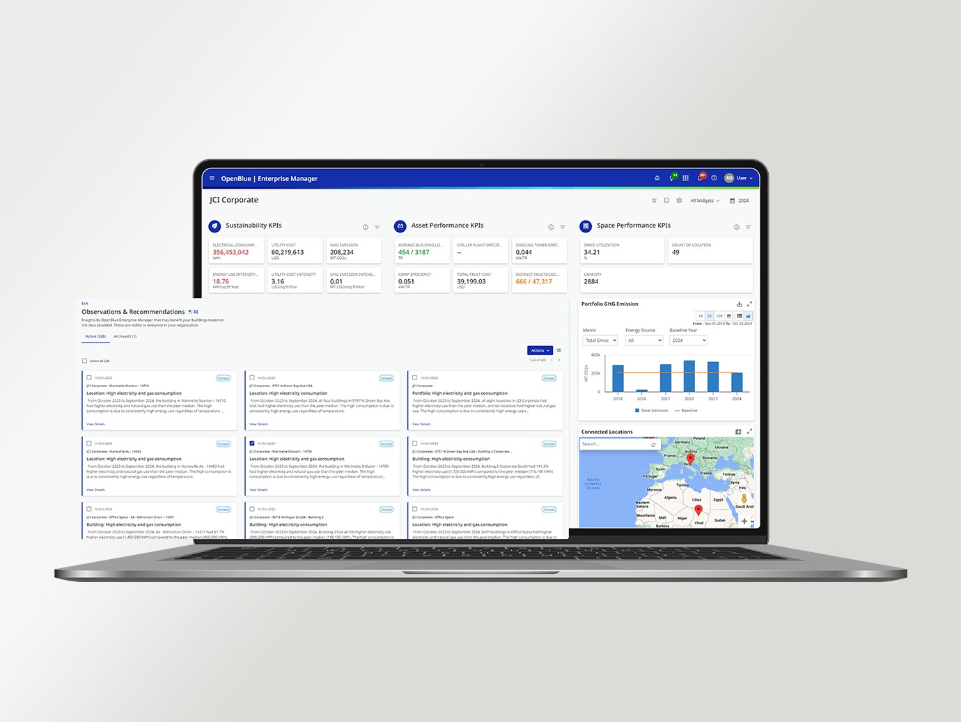 OpenBlue software features shown on the laptop screen