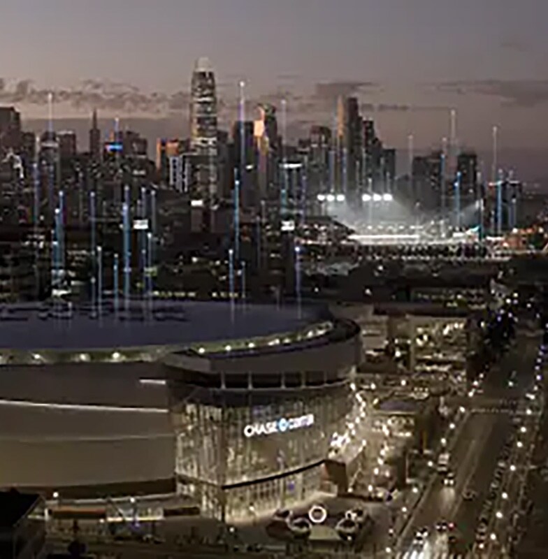 Cityscape with the Chase Center, San Francisco, USA during night-time