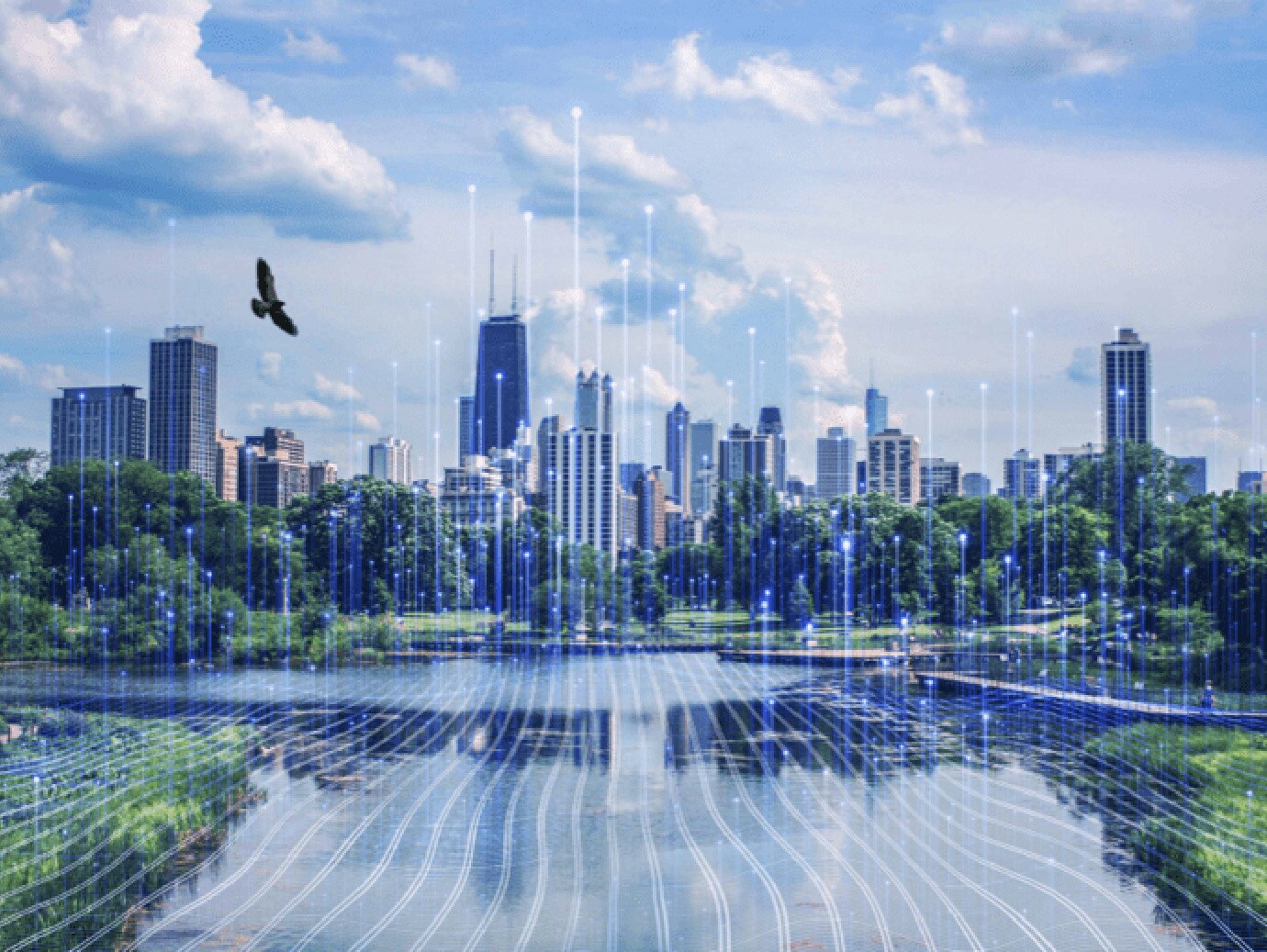 Graphic of transmission nodes overlaid on a cityscape