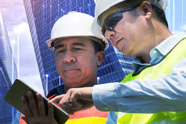Two people using a tablet in front of a skyscraper with modern graphics