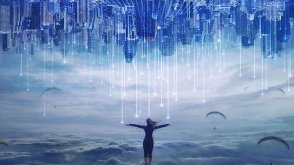 woman open arms cityscape