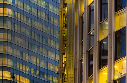 Close-up of the exteriors of two skyscrapers