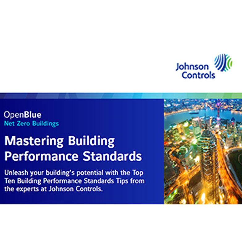 A poster for OpenBlue, with the title Mastering Building Performance Standards