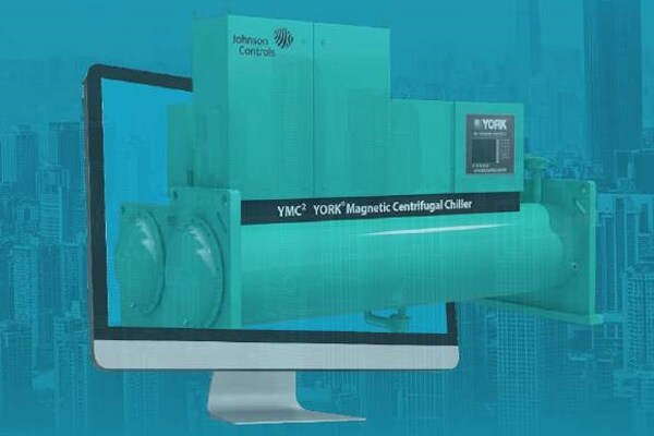 York Magnetic Centrifugal chiller product  display projecting from the monitor with the blur blue view of city skyscrapers in the background