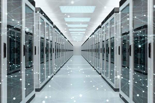 View of data center overlaid with graphics